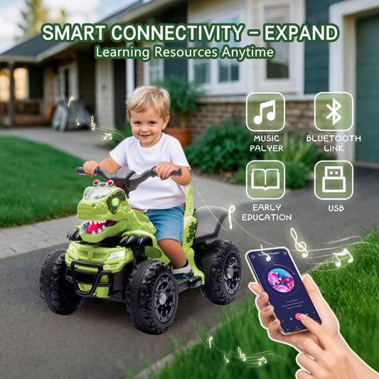 Electric dinosaur-shaped quad for kids aged 2 to 5 years, 12V electric ride-on with four wheels, music, Bluetooth, and LED lights. A perfect birthday gift for boys, girls, and toddlers.