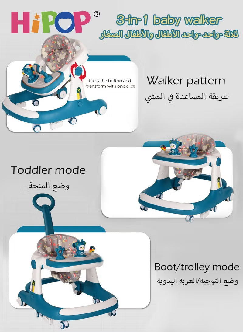 Baby Walker 3 in 1,with Parent Push Handle and Adjustable Height Cushion,Attractive Toys and Entertaining Music,Anti-Rollover Baby Stroller