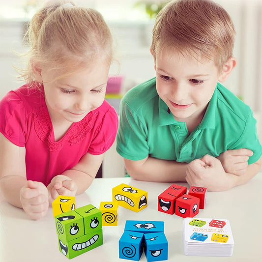 Wooden magic face-changing cube puzzle, educational expression-matching toy and Rubik’s-style building blocks for children