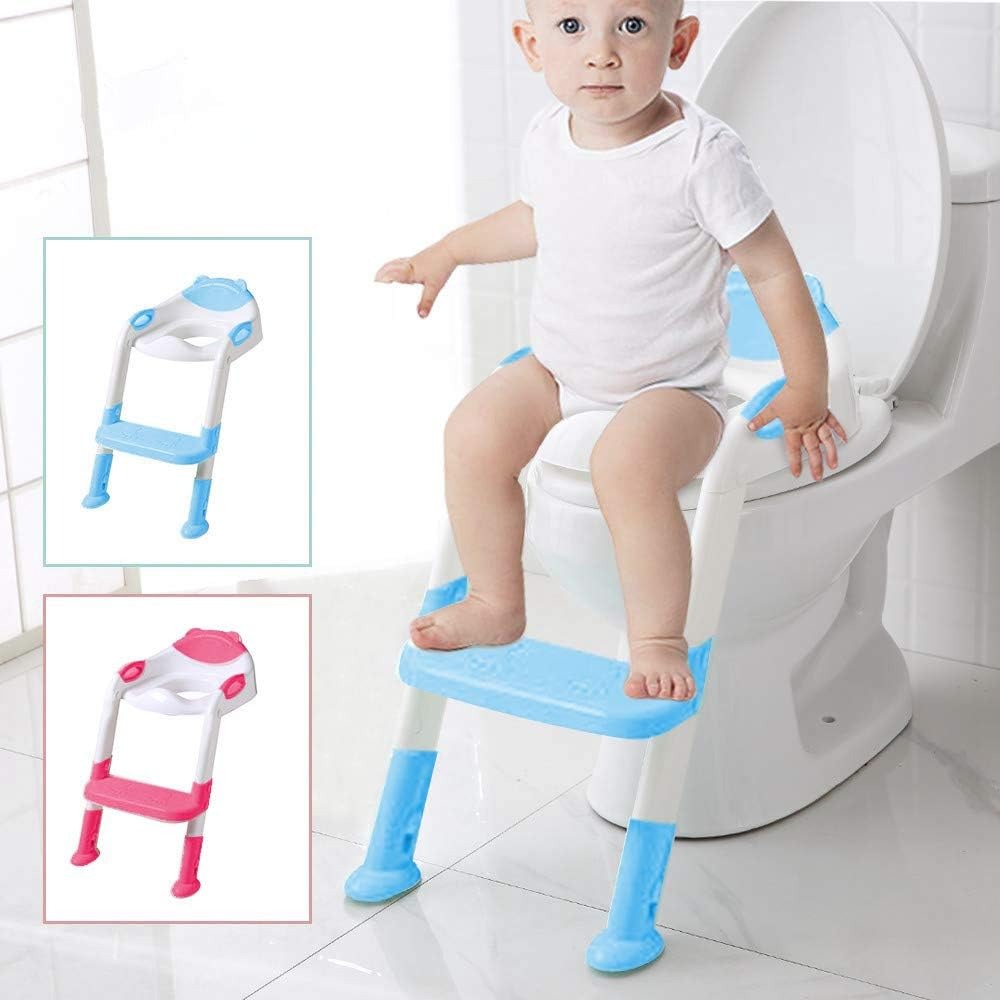 Besthls Kids Toilet Training Seat with Ladder, featuring a step and a training seat suitable for boys and girls. This toddler toilet training seat includes a soft padded anti-cold cushion, side handles, and wide non-slip steps, in a light sky blue color.
