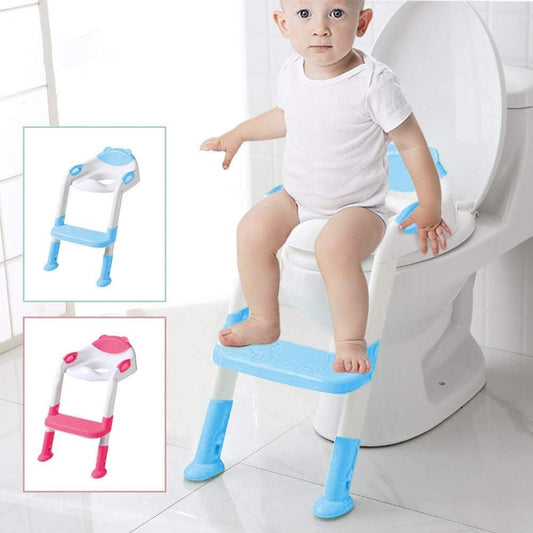 Besthls Kids Toilet Training Seat with Ladder, featuring a step and a training seat suitable for boys and girls. This toddler toilet training seat includes a soft padded anti-cold cushion, side handles, and wide non-slip steps, in a light sky blue color.