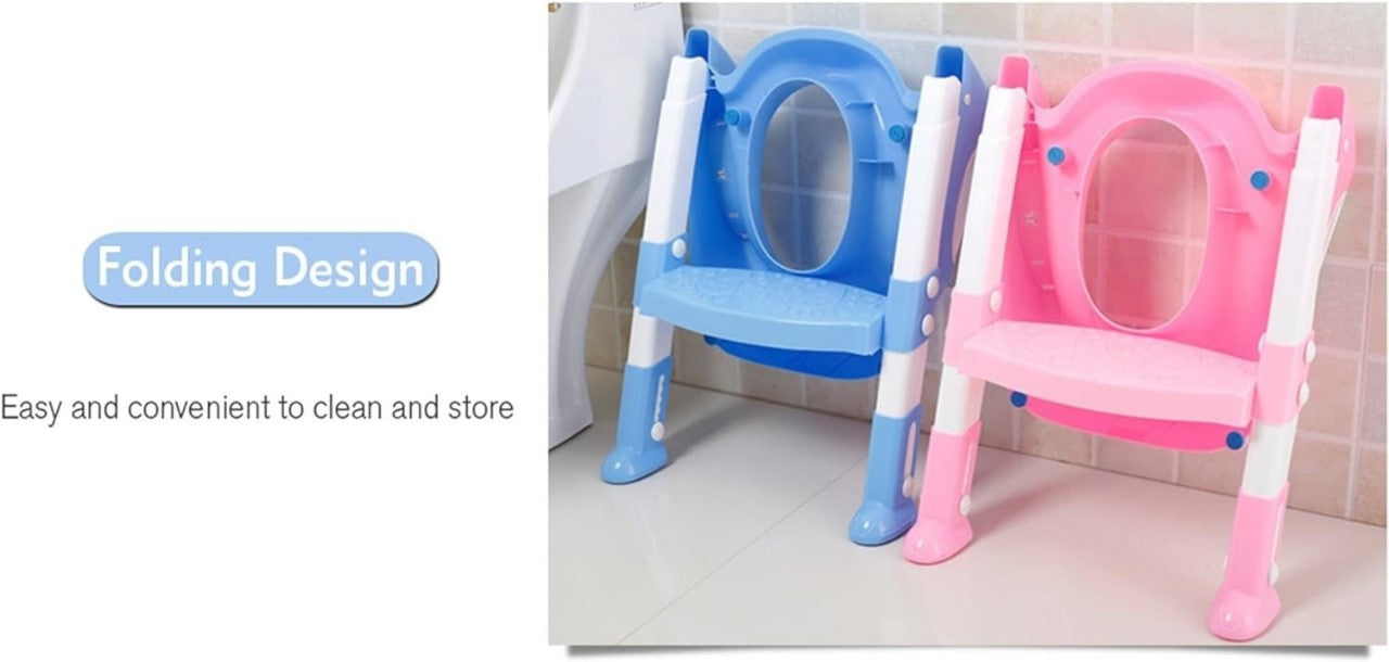 Besthls Kids Toilet Training Seat with Ladder, featuring a step and a training seat suitable for boys and girls. This toddler toilet training seat includes a soft padded anti-cold cushion, side handles, and wide non-slip steps, in a light sky blue color.