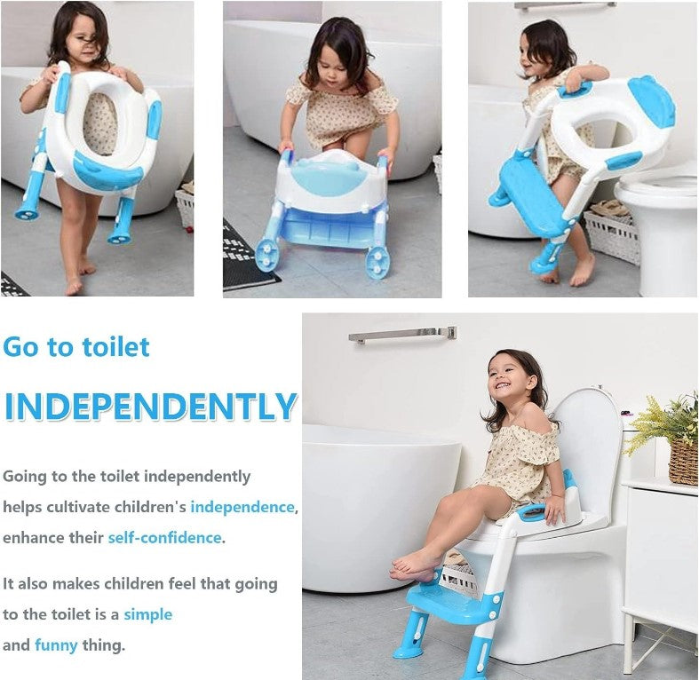 Besthls Kids Toilet Training Seat with Ladder, featuring a step and a training seat suitable for boys and girls. This toddler toilet training seat includes a soft padded anti-cold cushion, side handles, and wide non-slip steps, in a light sky blue color.