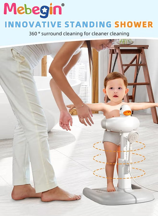 “Baby shower stand and chair, baby bath support, shower standing support with adjustable height and armrest, bath stand with anti-slip and shower head holder, bath essentials for infants.”